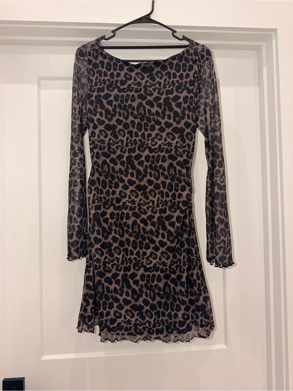 Leopard Print Long Sleeve Mesh Dress - Brown/Black